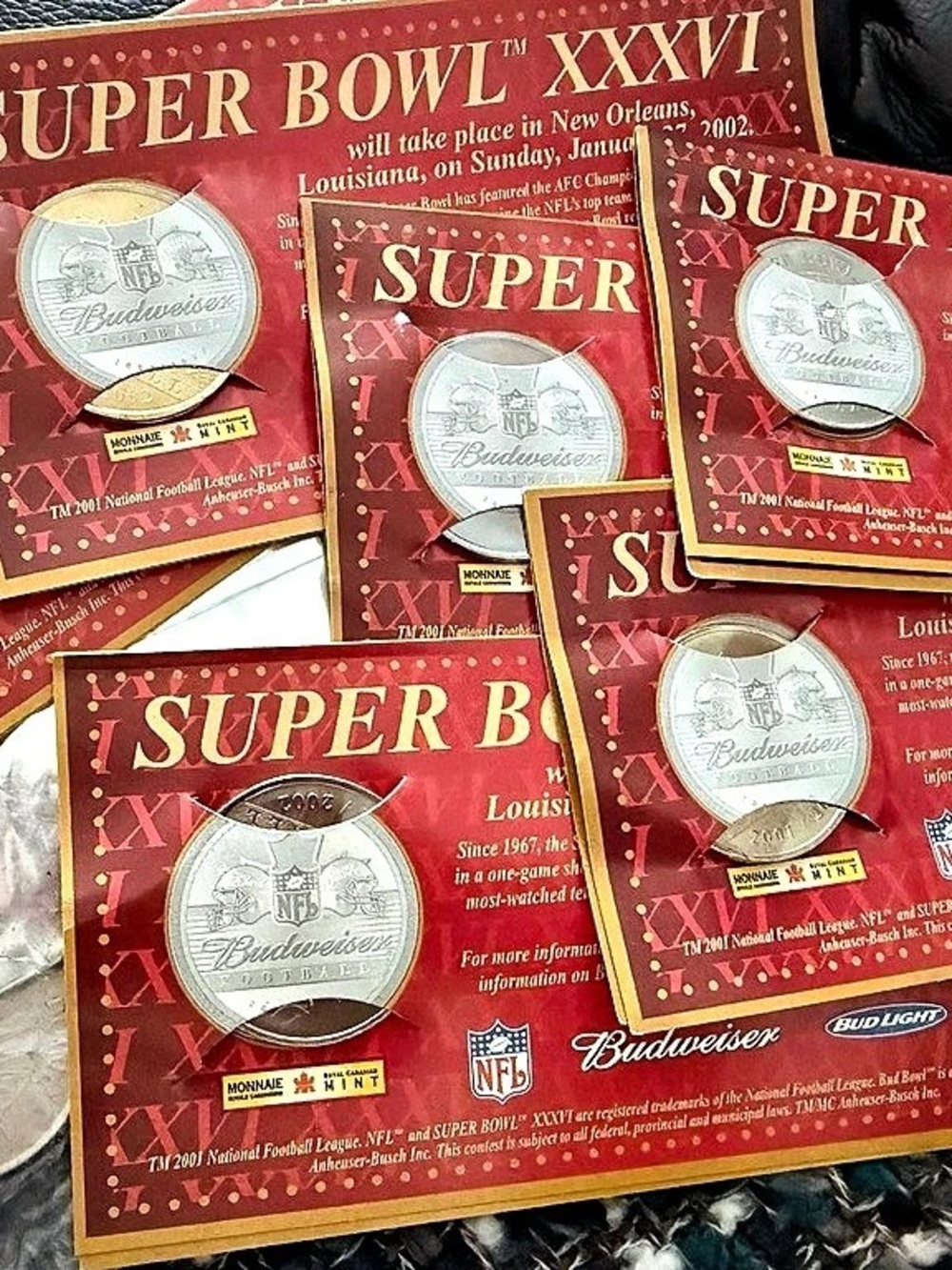 2002 collectible Budweiser Win The Toss with Budweiser Super Bowl XXXVI Medallio